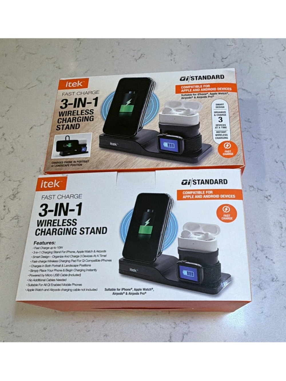 itek 3-in-1 Fast QiWireless Charging Stand for iPhone/Watch/AirPod Black Set of2